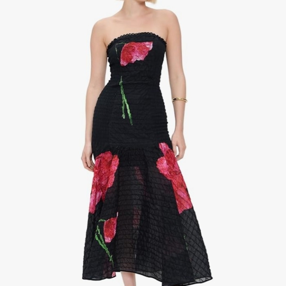 Charo Ruiz Detailed Black Floral Strapless Dress Ibiza. Nwt. Size Medium